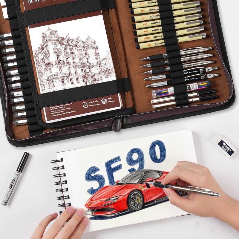 Nicpro 58 PCS Art Drawing Supplies Kit in Leather Case, Art Mechanical Pencil Set with Metal Drafting Pencil 0.3 & 0.5 & 0.7 & 0.9 & 2mm, 12 Micron Pen, Sketch Book, 30 Tube Lead Refills for Sketching - Image 5